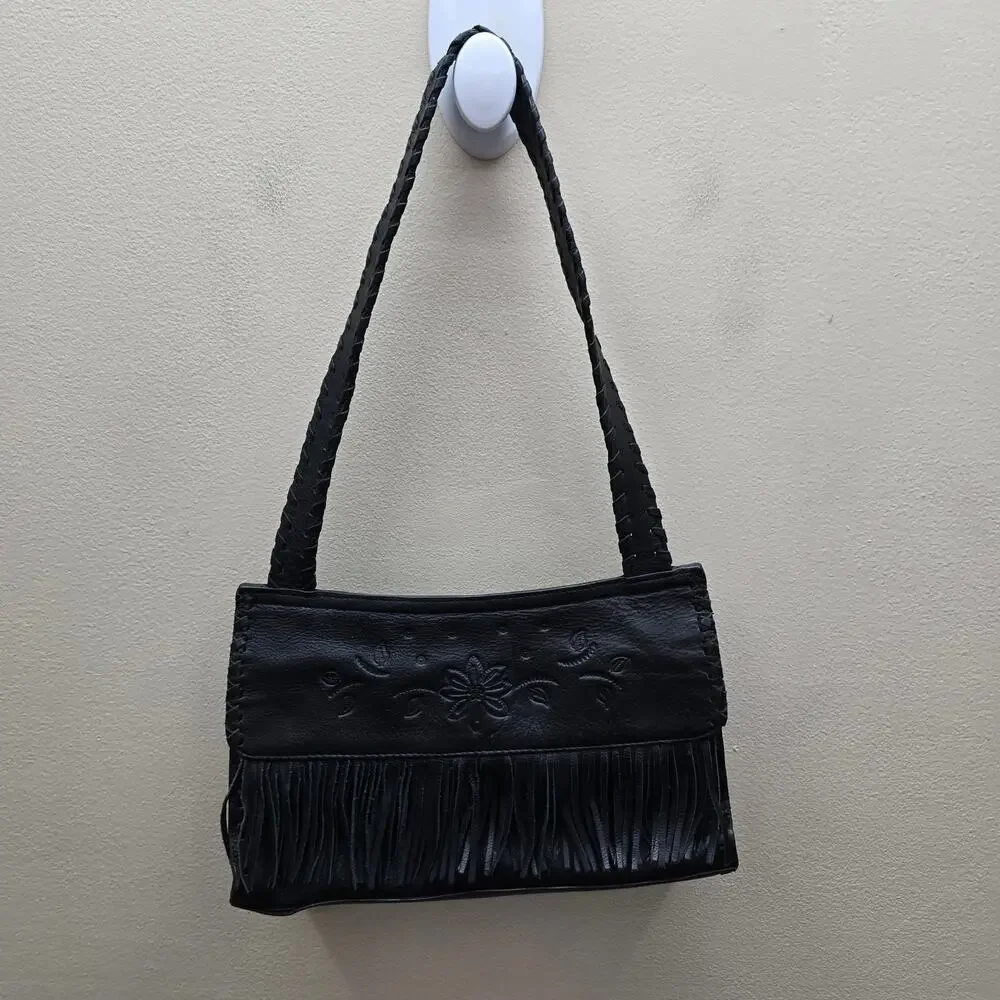 VTG Fossil Floral Tooled Leather Fringe Shoulder Bag Handbag Boho Western Black